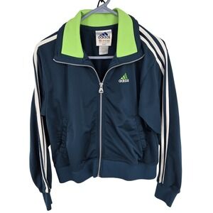 Adidas Track Jacket Mens Small Navy Blue Neon Green 3 Stripes Full Zip Retro
